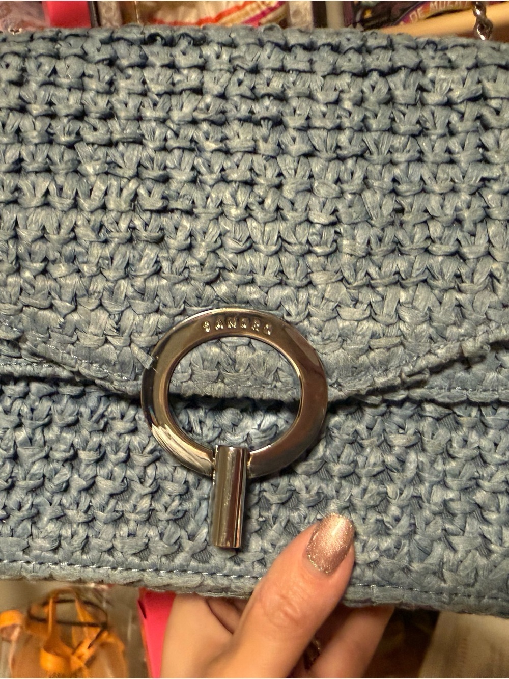 Sandro Paris Yza Raffia Shoulder Bag | Blue Woven Top Handle Purse - Picture 17 of 17